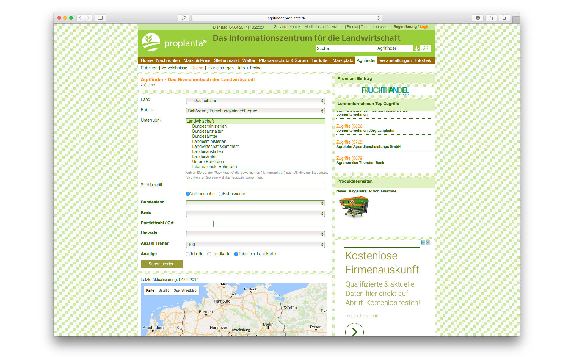 Proplanta Website CMS System Webpage