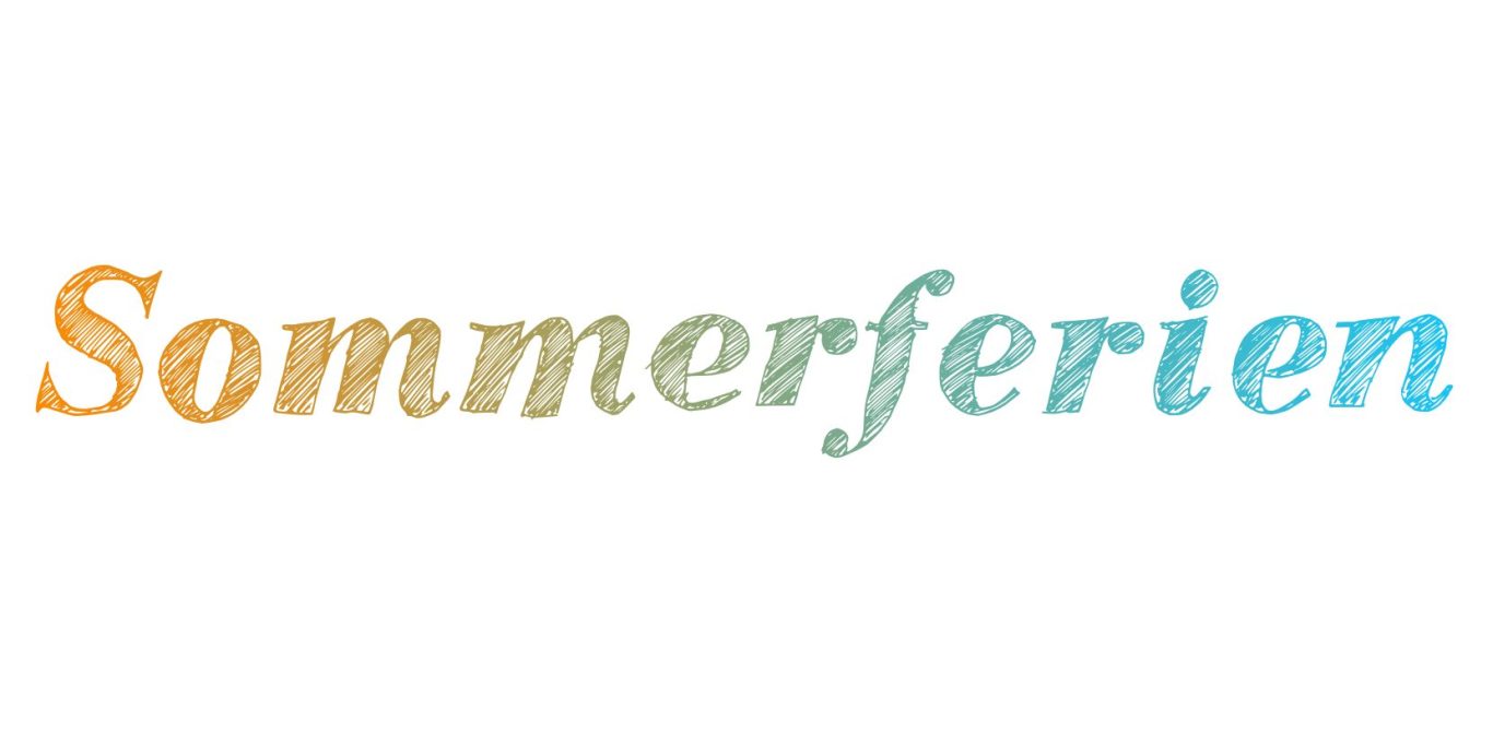 Schriftzug "Sommerferien" straffiert in bunten, sanften Farben.