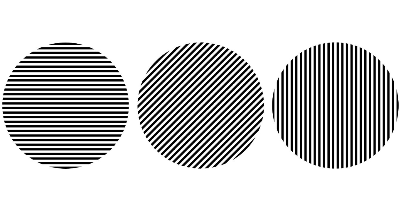 Drei Kreise mit unterschiedlichen Musterungen: schwarz schraffiert und gestreift.