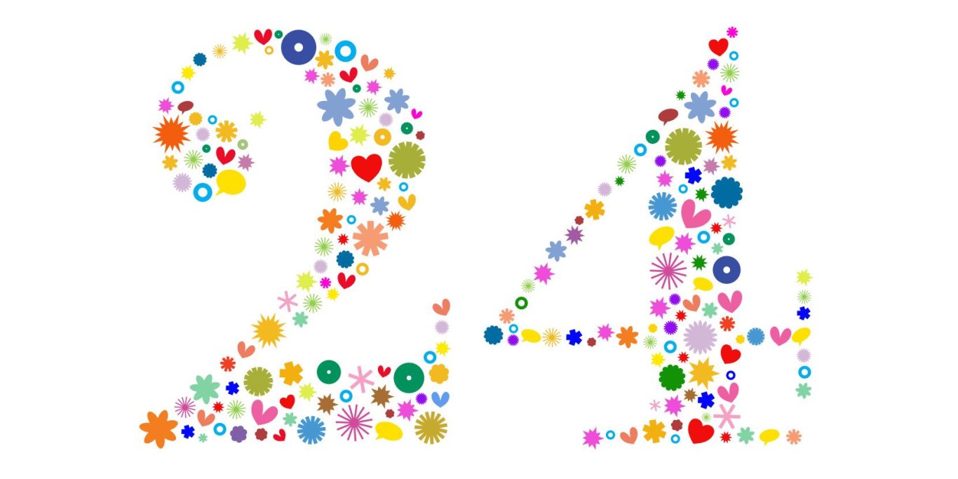 Bunte Zahlen "24" aus verschiedenen Formen und Farben.
