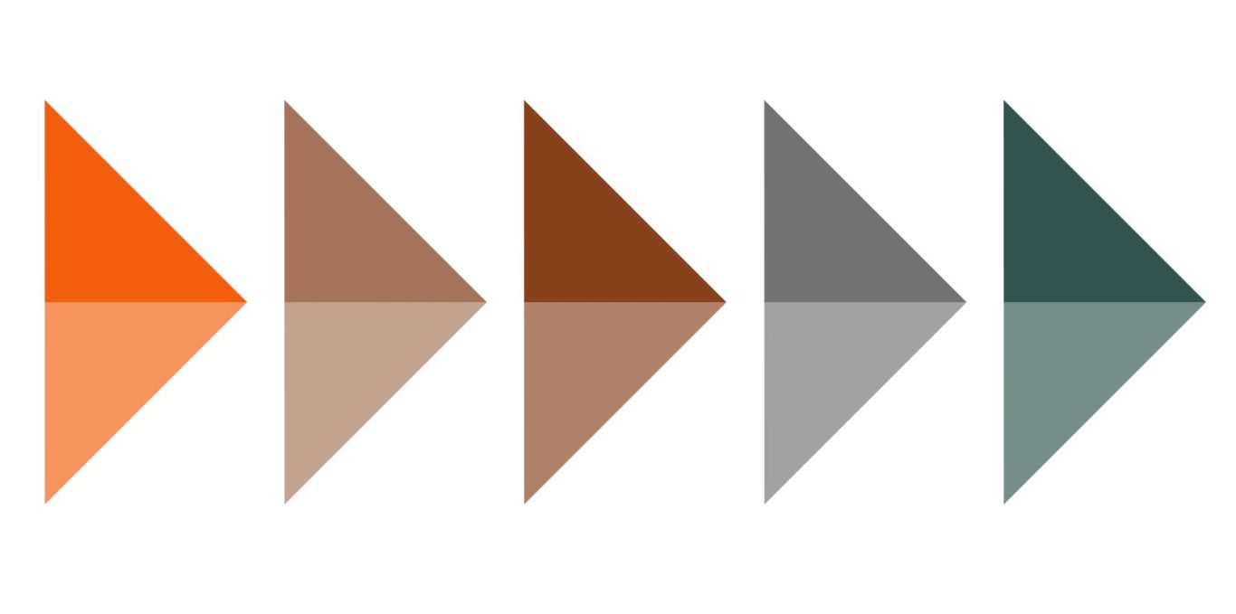Wir planen und gestalten Orientierungssysteme, die Struktur schaffen, ohne dem Gebäude die Seele zu nehmen Fünf Pfeile in unterschiedlichen Farben: orange, beige, braun, grau und grün.