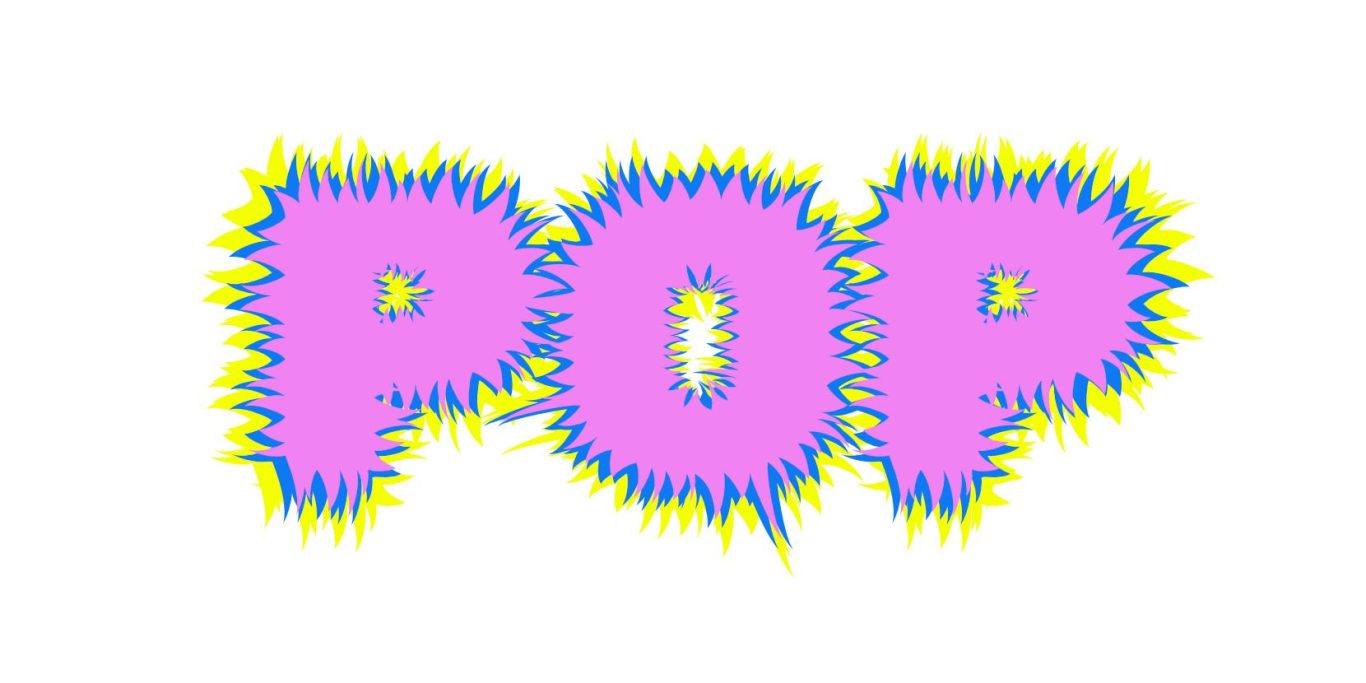 Bunter Text "POP" in Pink mit gelben, gezackten Konturen.