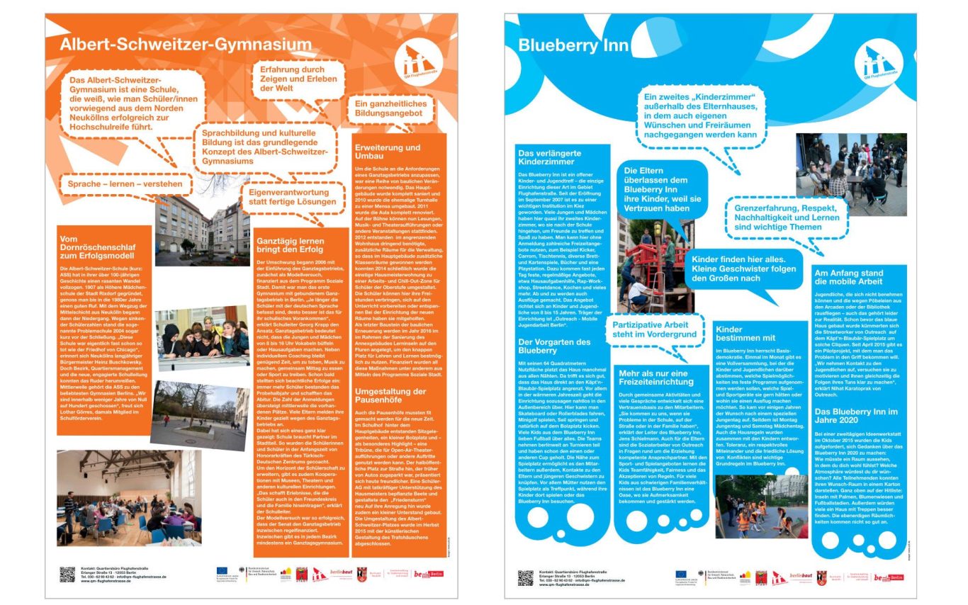 Informationstafeln in orange und blau mit Text und Sprechblasen.