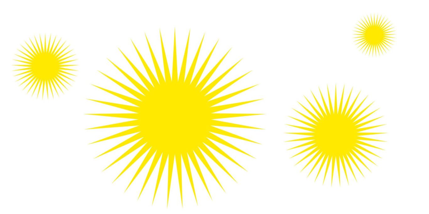 Gelbe Sonnenstrahlen in verschiedenen Größen.