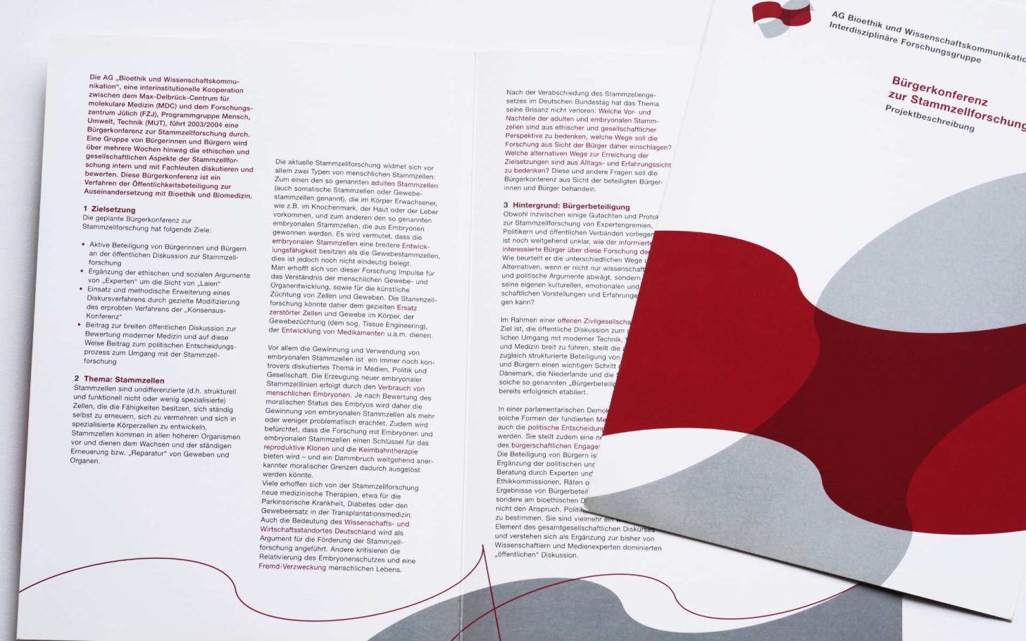 Broschüre mit roten und grauen wellenförmigen Flächen und Text.