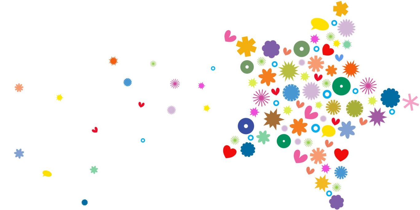 Bunte Sterne und Blumenicons.