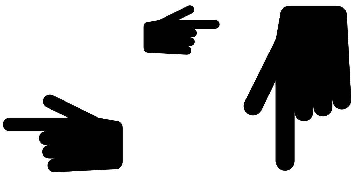 Drei Hände zeigen in verschiedene Richtungen.