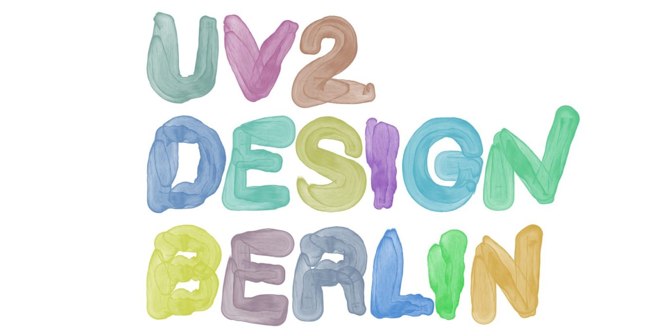 Bunte, aquarellartig handgeschriebene Worte "UV2 DESIGN BERLIN".