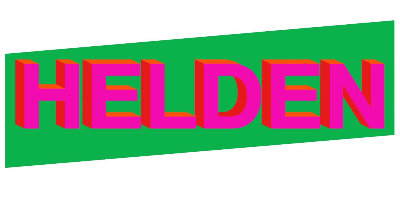 Rosa Schrift "HELDEN" auf grünem Hintergrund.