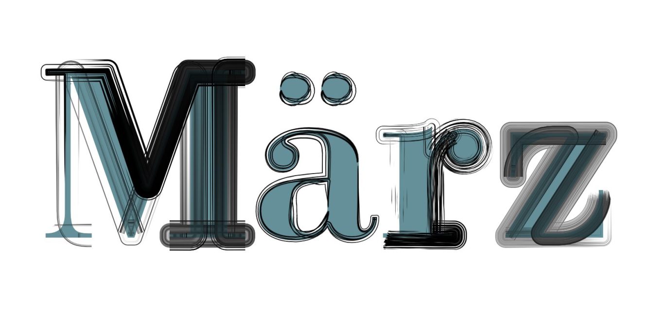 Monat März, stylisierte Schrift mit verschiedenen Farben und Schattierungen.