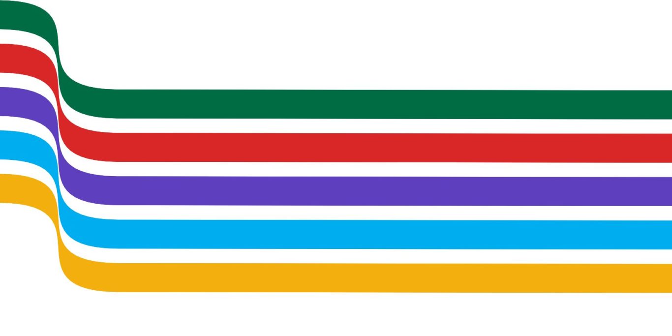 Bunte, geschwungene Streifen in den Farben Grün, Rot, Lila, Blau und Gelb.