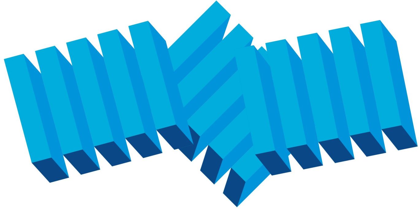 Blaue, schräg angeordnete Blöcke, die sich überlappen und eine dynamische Form bilden.