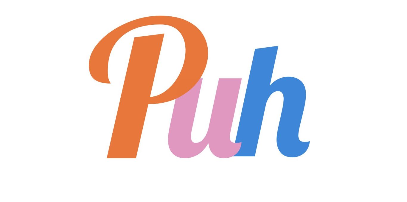 Wir gestalten moderne, barrierefreie Orientierungssysteme und Erscheinungsbilder Logo mit bunten Buchstaben „Puh“ in orange, pink und blau.
