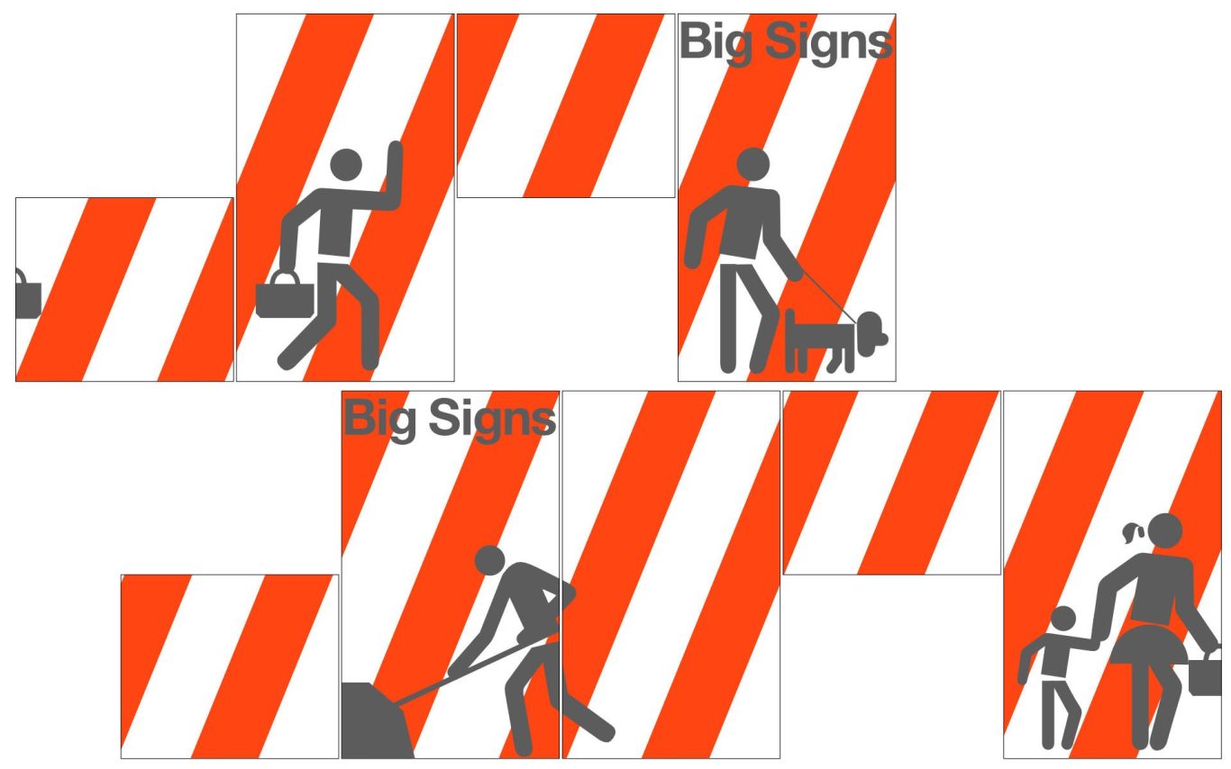 Ausstellungstafeln grafisch rot-weiß, Verkehrs-Symbolen Bauarbeiten und Fußgänger.