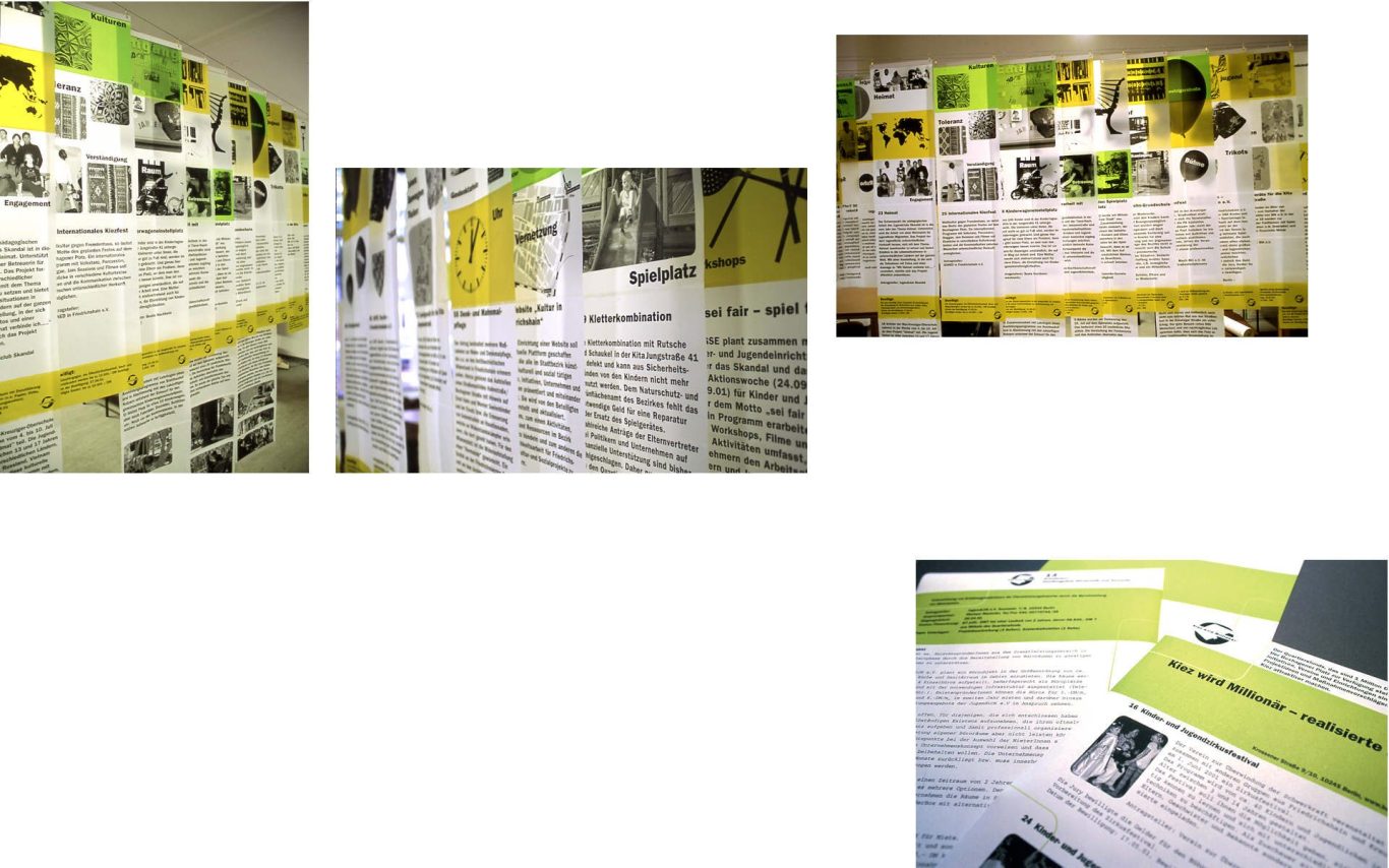 Informationen auf Transparentbahnen: Schwarz-weiße Dokumentationsfotos und gelbe Akzente.