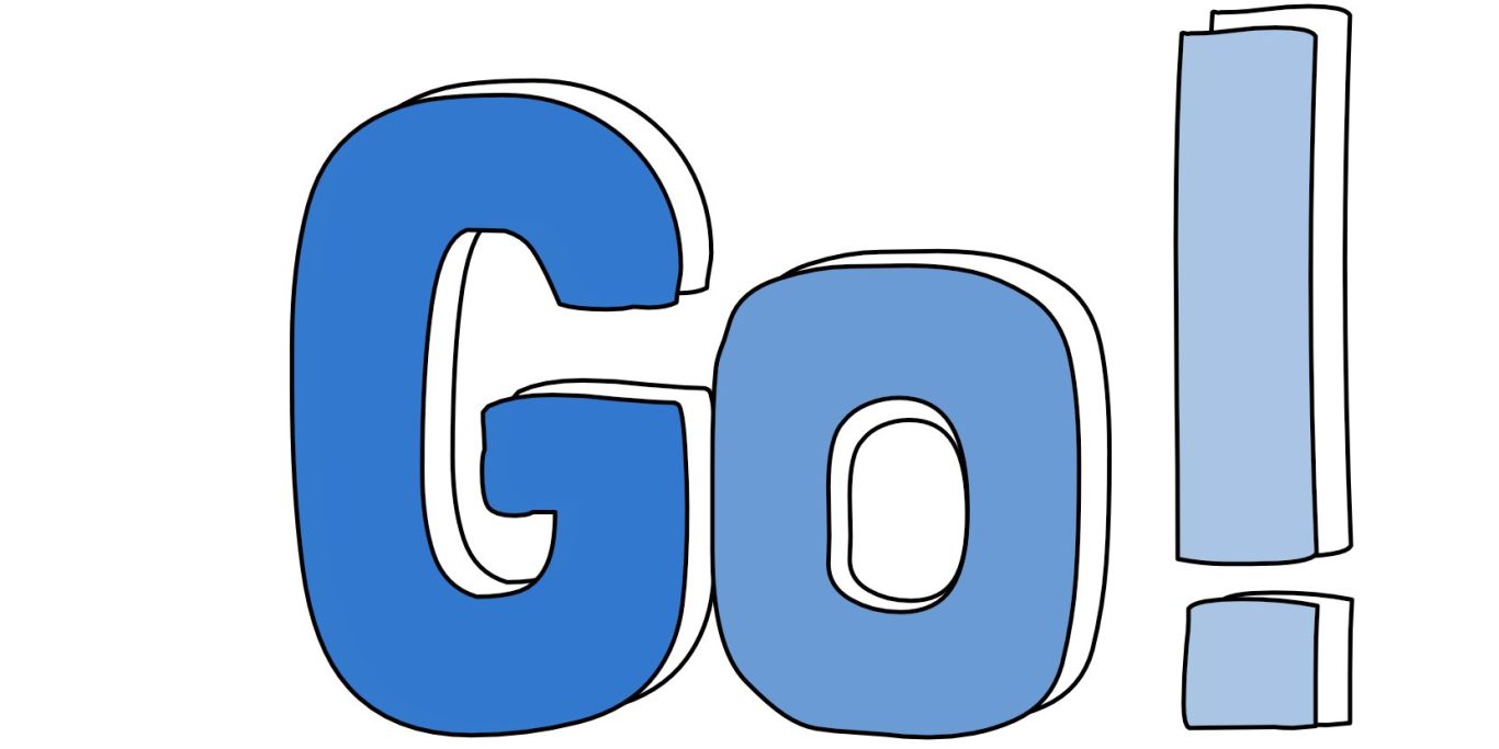 Blaue, handgezeichnete Buchstaben "Go!" mit Ausrufezeichen.
