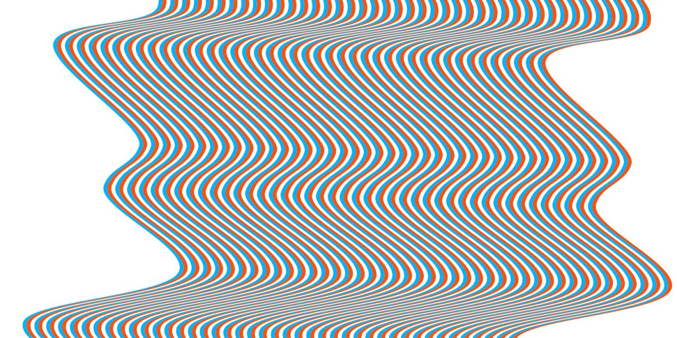 Wellenförmiges Muster in rot und blau auf grauem Hintergrund.