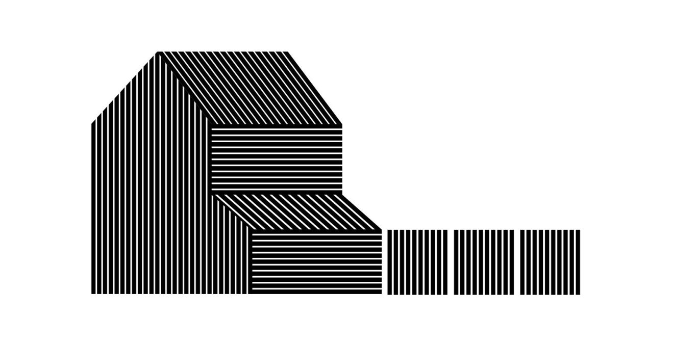 Ein Orientierungssystem zeigt den Charakter eines Gebäudes und einer Marke Schwarz-weiße geometrische Formen, die ein Haus und drei parallele Rechtecke darstellen.
