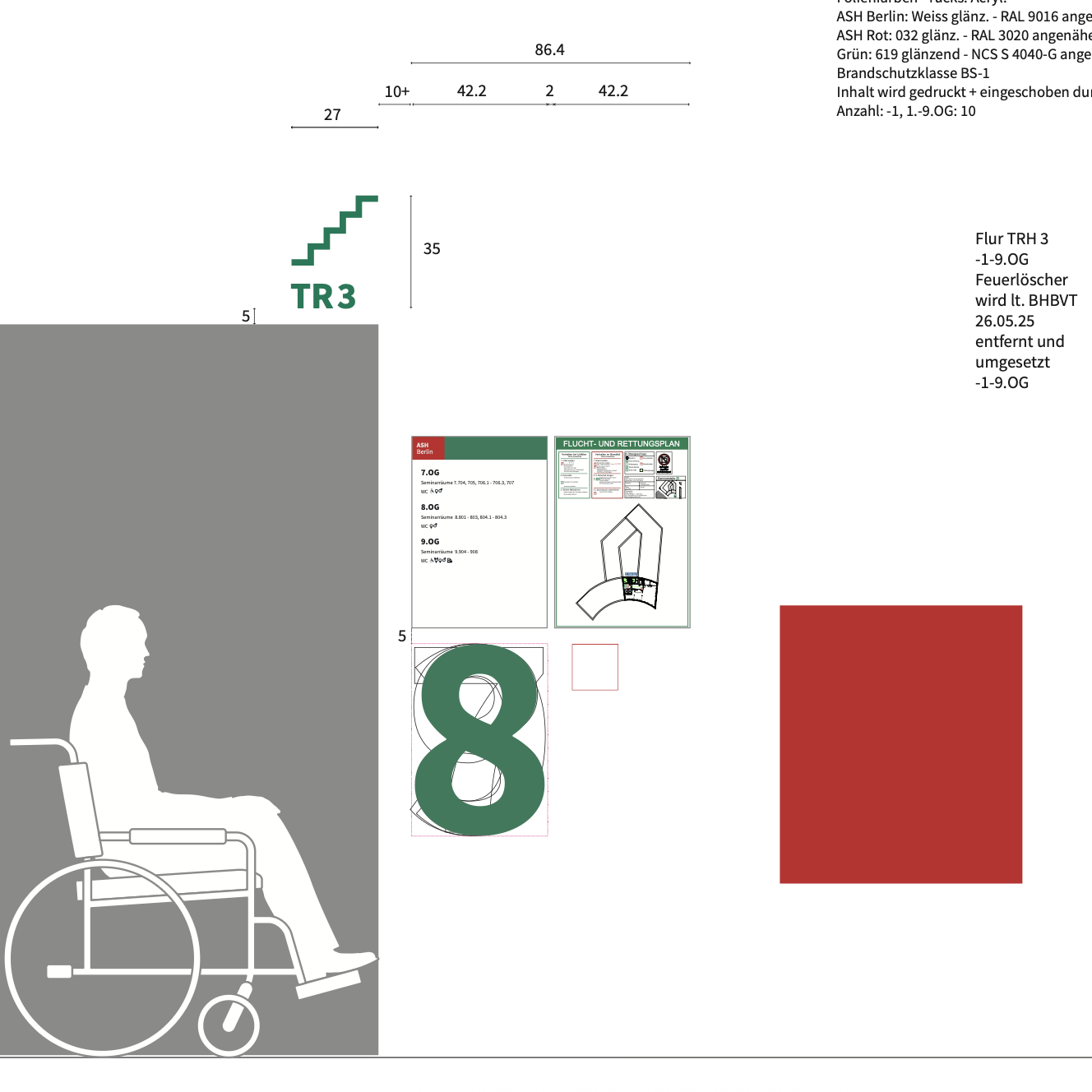 Zeichnung Designmanual Maße Beschilderung mit einer sitzenden Person im Rollstuhl.