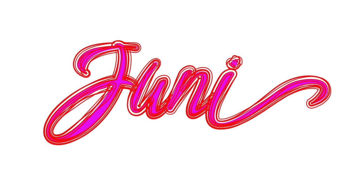 Rosa, geschwungene Schrift mit dem Text "Juni".