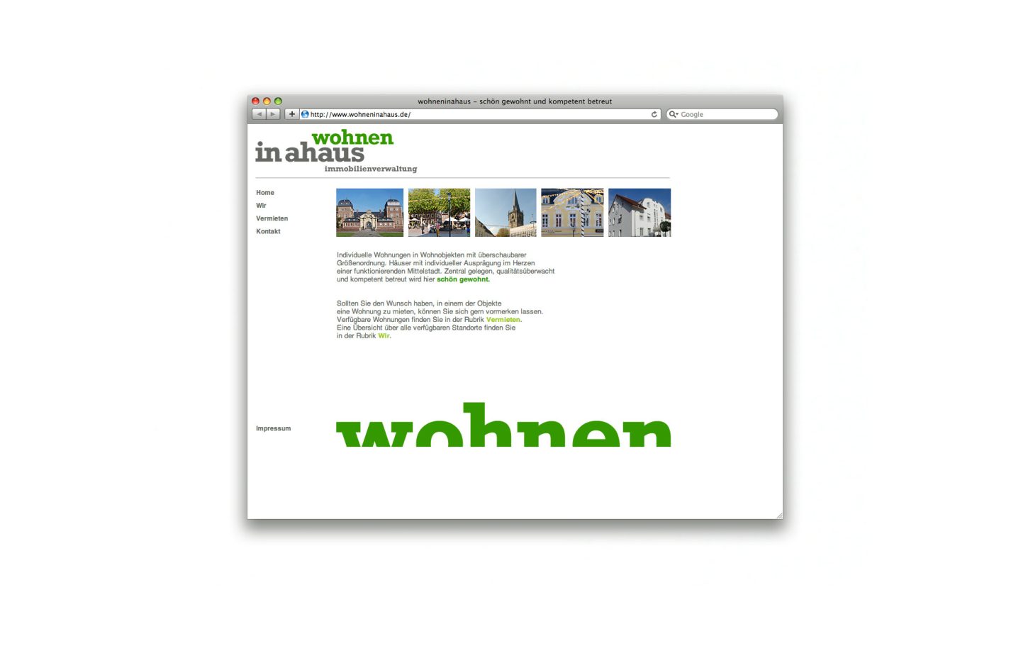 Website mit dem Wort "wohnen" in grüner Schrift und Bildergalerie im Hintergrund.