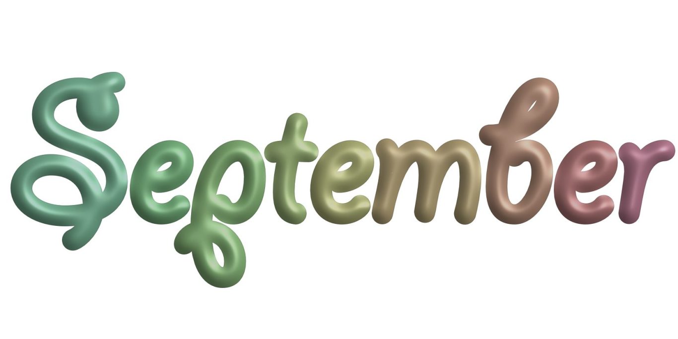 Grün-brauner Verlaufs- Schriftzug "September" in geschwungenen Schrift.