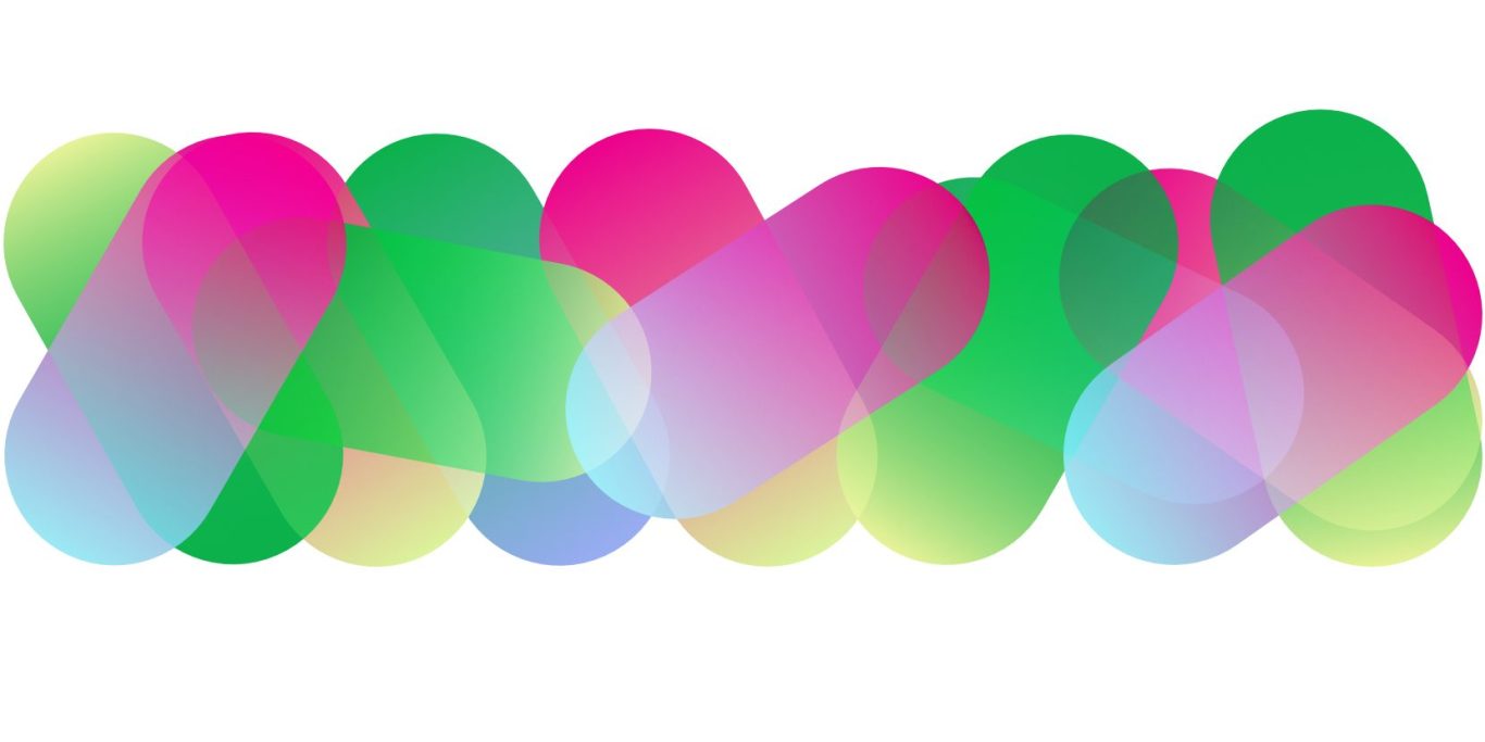 Bunte, überlagerte, transparente Formen in Rosa, Grün und Blau.