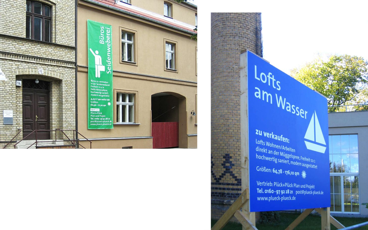 Grünes Banner am Gebäude und eine blaue Tafel mit Piktogramm und Text über Lofts am Wasser.