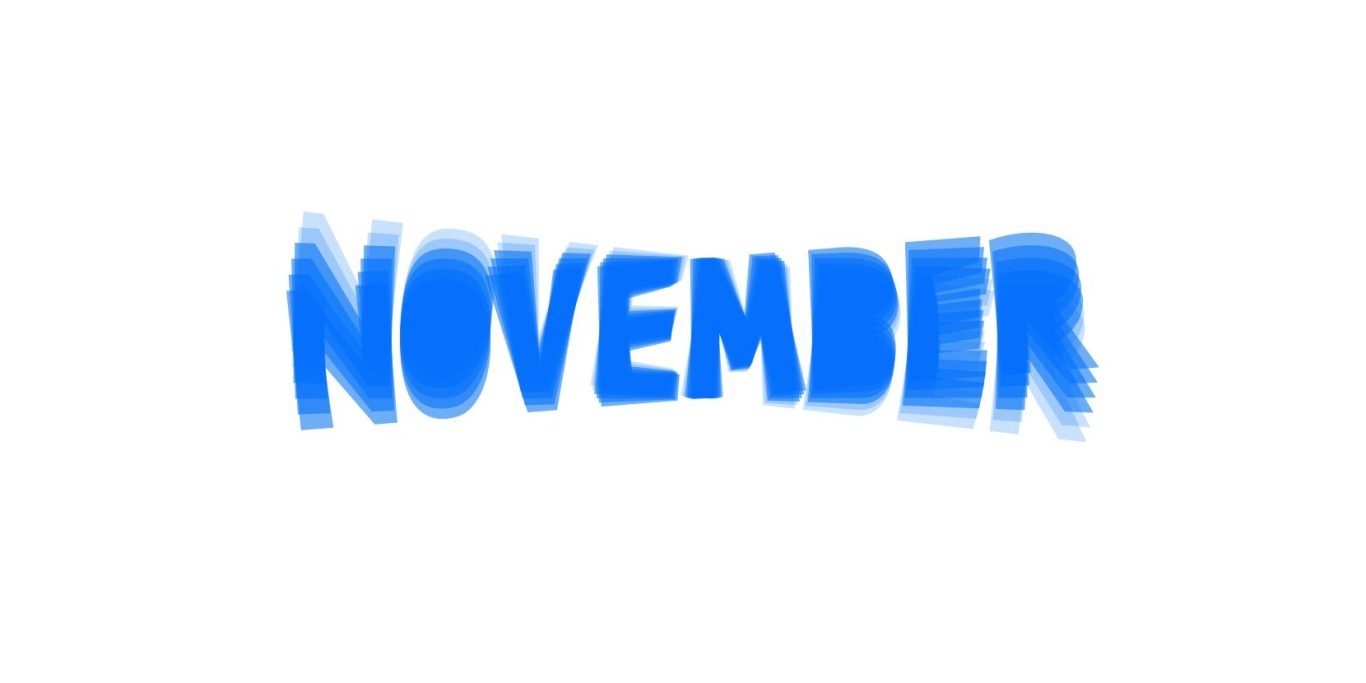 Der Schriftzug "NOVEMBER" in blauer, unscharfer Schrift.