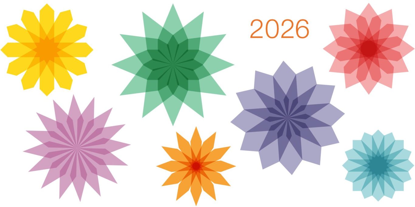Postkarte mit bunten, geometrische Blumenformen und das Jahr 2026 in orange.