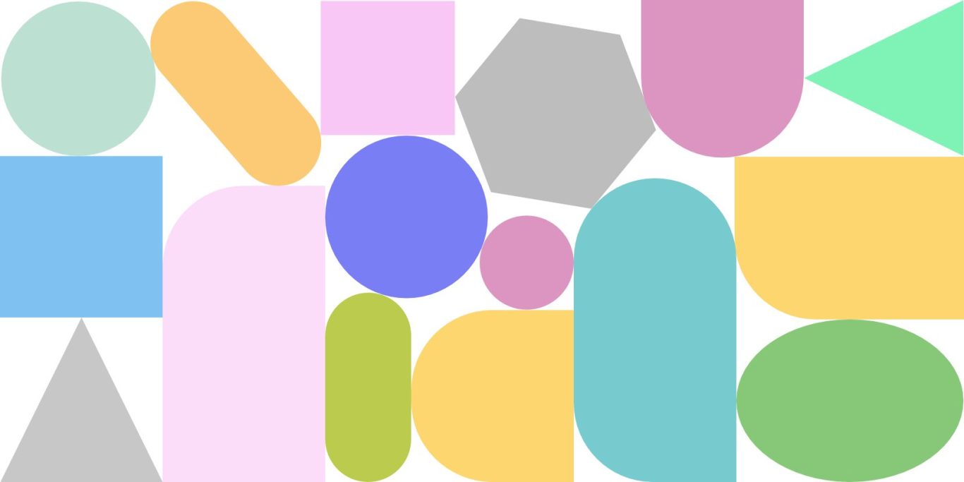 Bunte geometrische Formen in verschiedenen Größen und Farben.