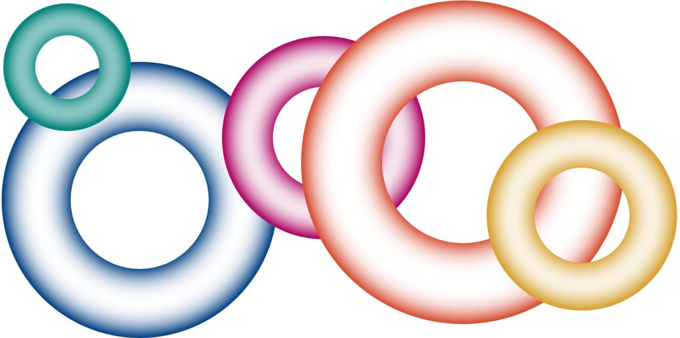 Wir planen Orientierungssysteme mit System Bunte, transparente Ringe in verschiedenen Größen und Farben auf weißem Hintergrund.