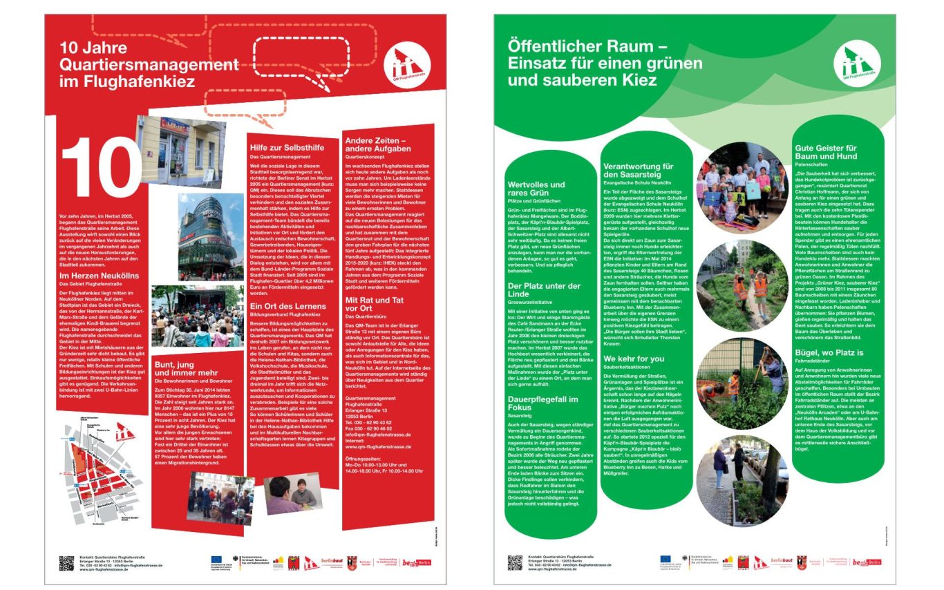 Informationswände mit grünen und roten Flächen, Text und Bildern zu Projekten und Zielen.