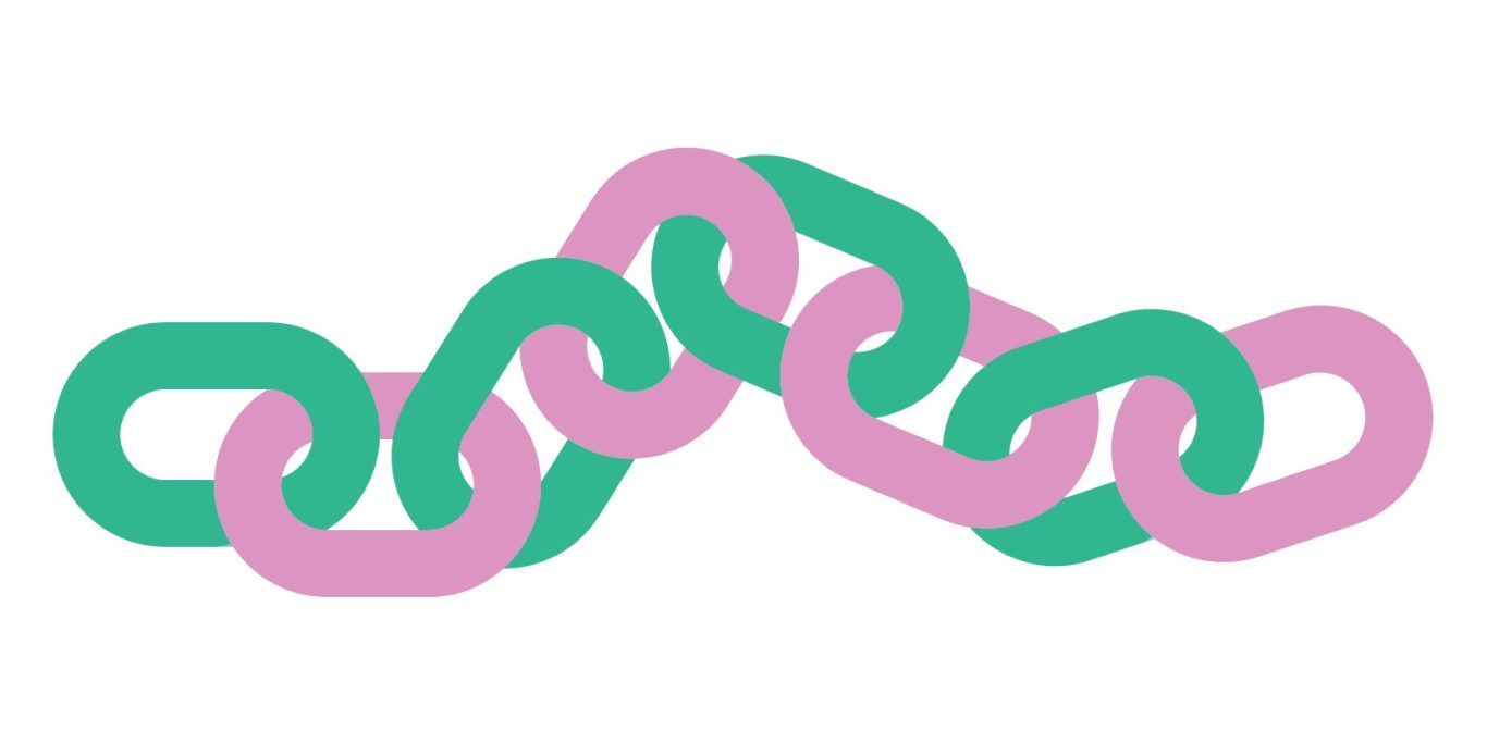 Bunte Kettenglieder in Pink und Grün, die miteinander verbunden sind.