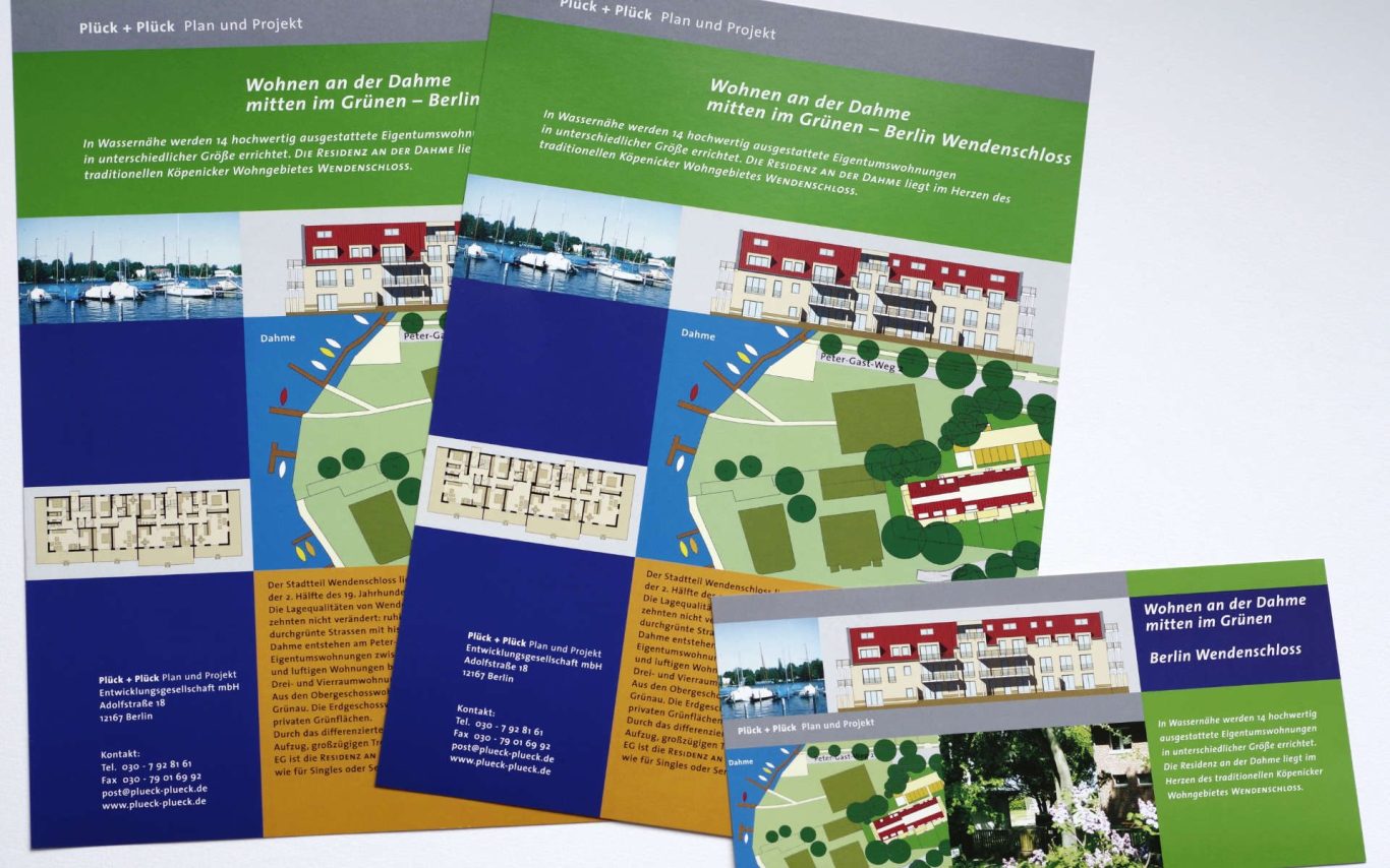 Drei Informationsblätter mit bunten Grafiken und Text über Verkaufsobjekte.