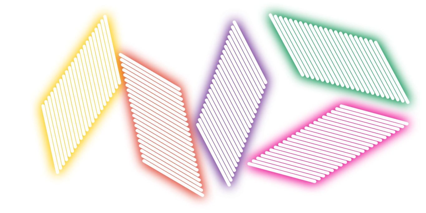 Bunte, rechteckige und rhombusförmige geometrische Formen in Leuchtfarben.