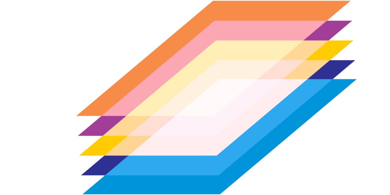 Helle Geometrische Formen, die übereinanderliegen und Transparenz zeigen.