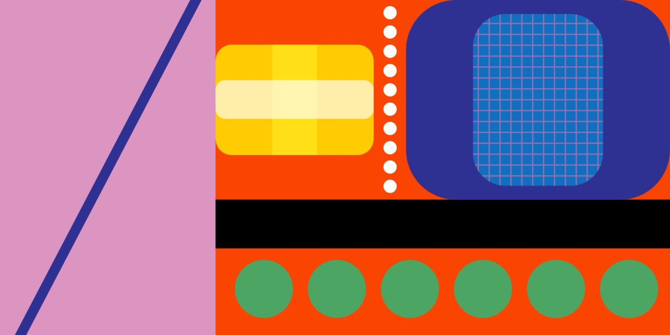 Bunte geometrische Formen in Rot, Blau, Gelb und Grün auf einem lila Hintergrund.