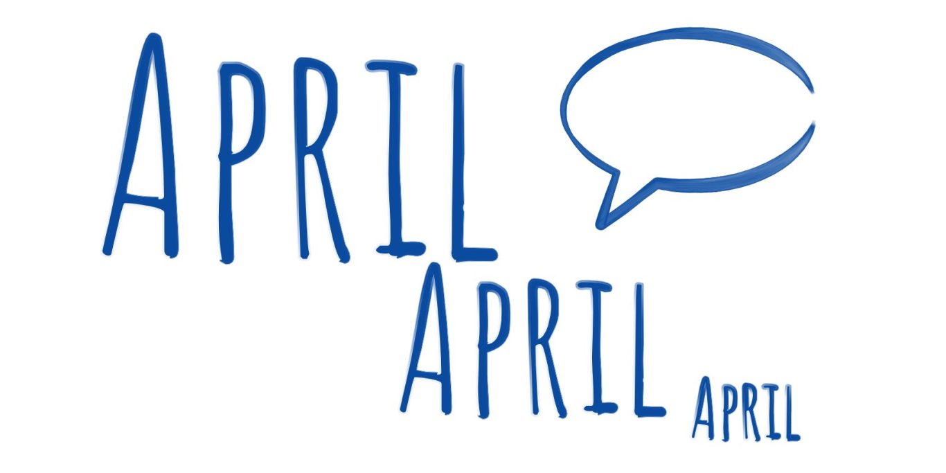 Text in blauer Schrift: "APRIL APRIL" in Sprechblasen-Design.