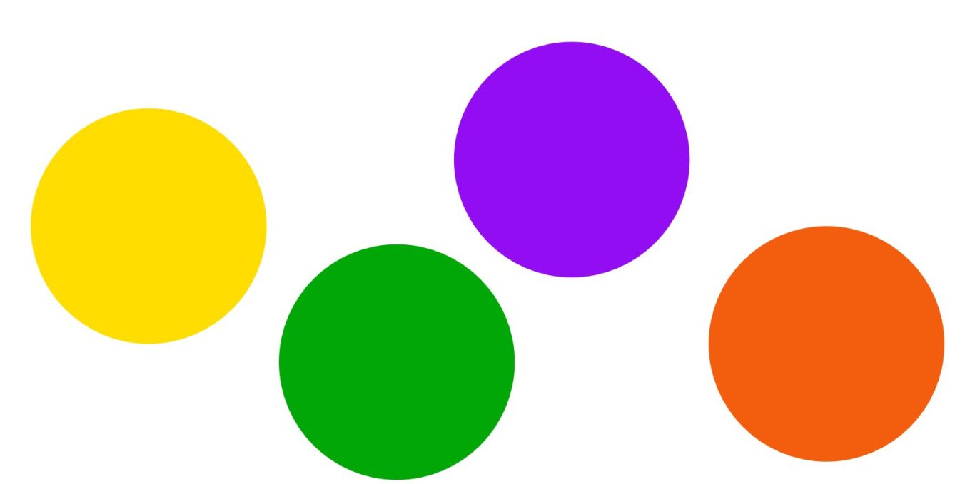 Farben sind schneller als Worte! Vier bunte Kreise in Gelb, Grün, Lila und Orange auf weißem Hintergrund.
