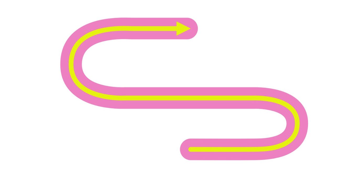 Wir gestalten Orientierungssysteme so, dass Marke, Raum und Mensch zusammenfinden Kurviger Weg mit pinker Kontur und gelben Pfeil, der nach rechts zeigt.