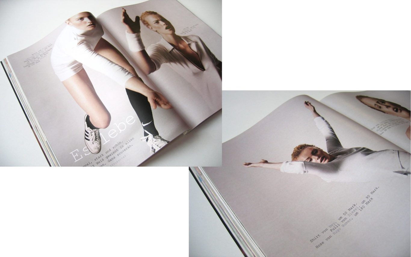 Tanzende Person in einem Magazin, elegant in verschiedenen Posen dargestellt.