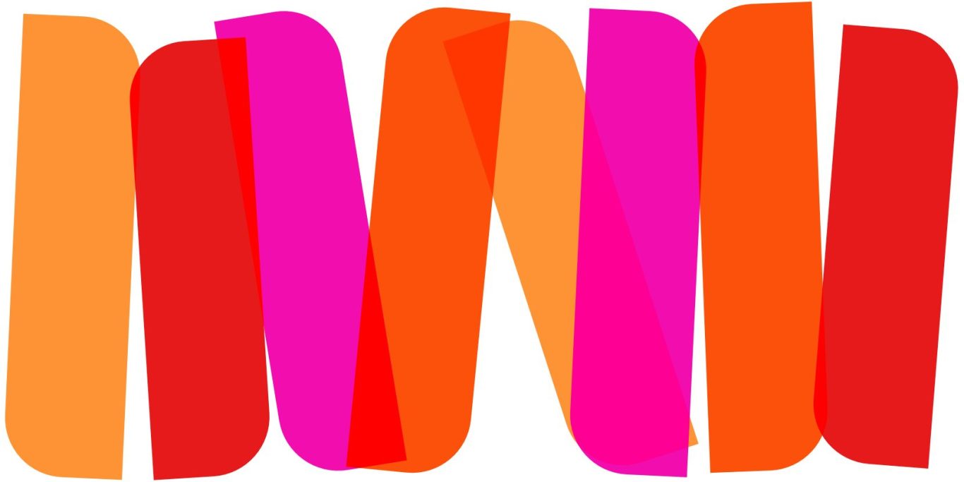 Bunte, geschwungene Formen in Rot- und Pinktönen auf hellem Hintergrund.