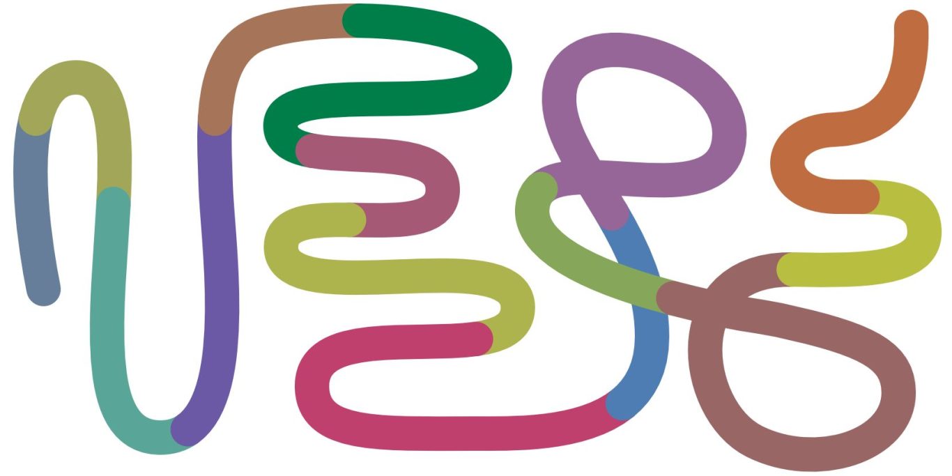 Bunte, geschwungene Linien in verschiedenen Farben, die miteinander verbunden sind.