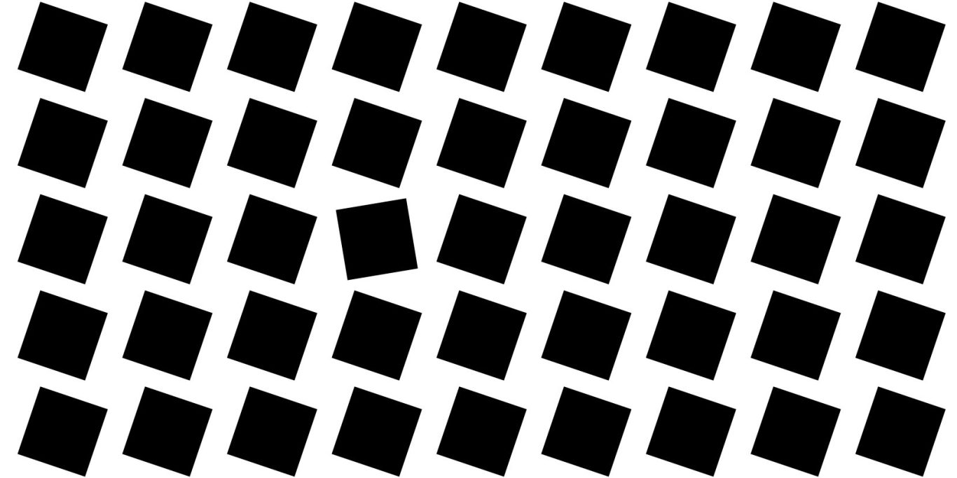 Schwarz-weiße Anordnung von Quadraten mit einem zentralen, nach innen gedrehten Quadrat, Kontrast.