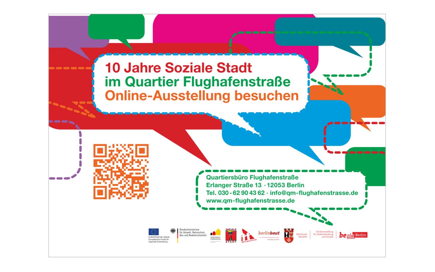 Plakat zur Ausstellung "10 Jahre Soziale Stadt" mit Sprechblasen und QR-Code.