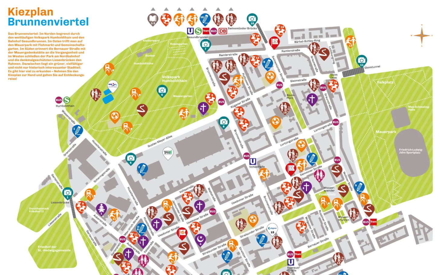 Faltplan mit bunt markierten Standorten im Stadtteil Berlin Wedding