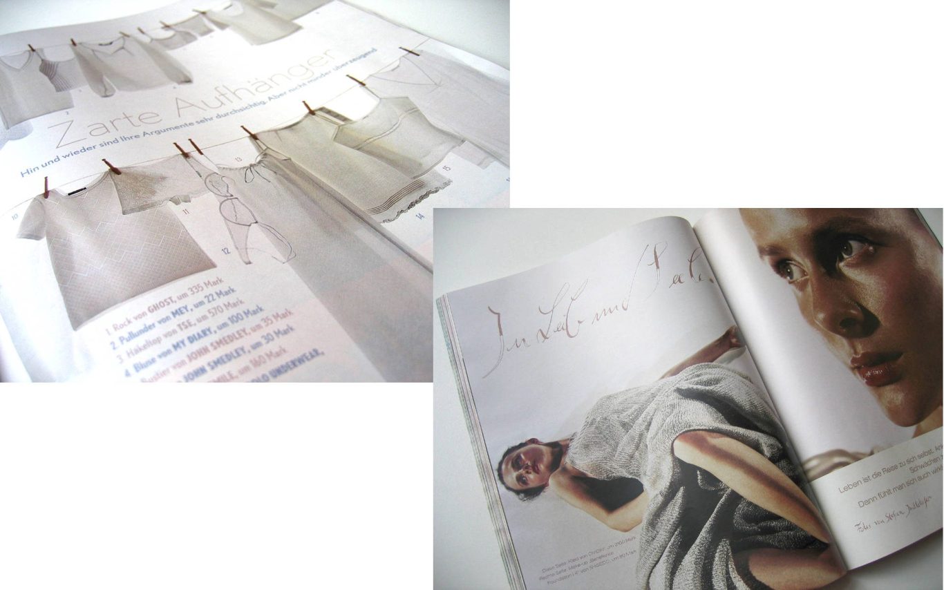 Bekleidung und Porträt einer Person in einer Modemagazin-Seite.