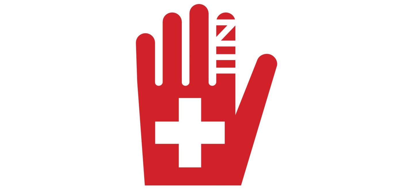 Piktogramm rote Hand mit einem Verband an einem Finger und einem medizinischen Kreuz.
