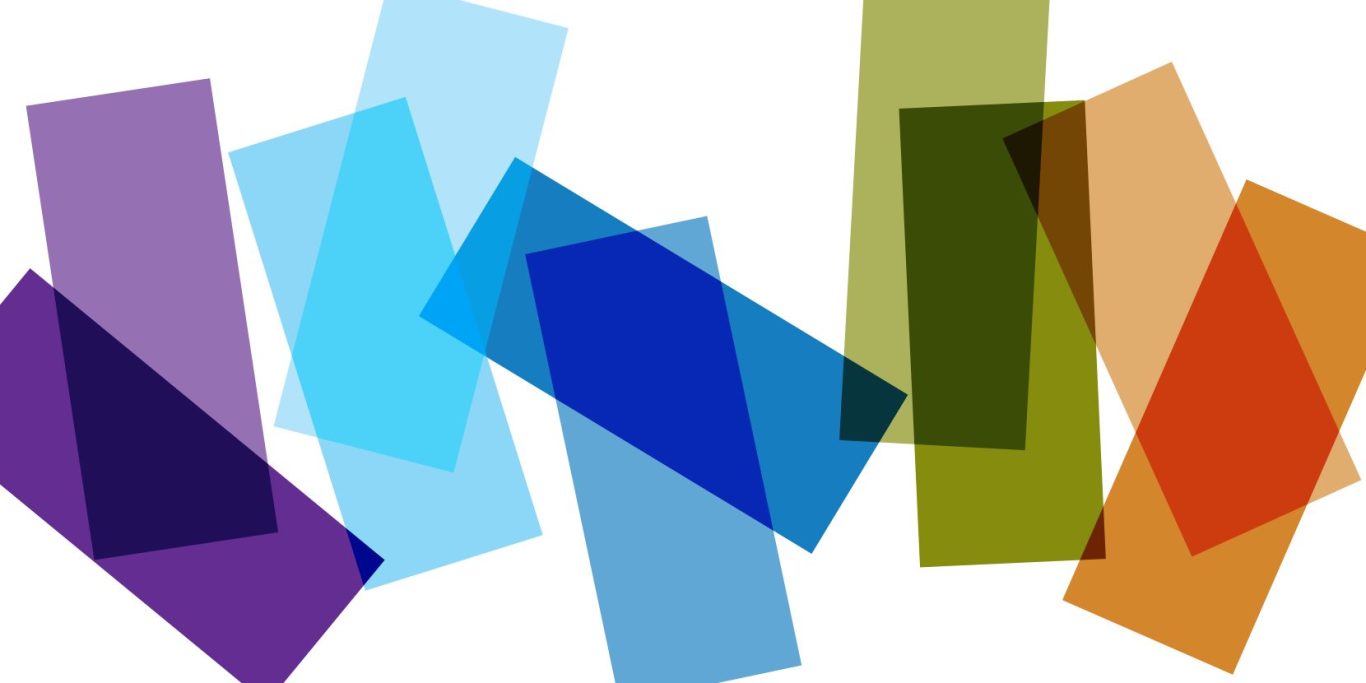 Überlappende Rechtecke in verschiedenen Farben und Transparenzen.